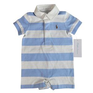 Ralph Lauren Romper Shortall Blue Polo 3M Rugby Stripe Snap Short Sleeve NWT